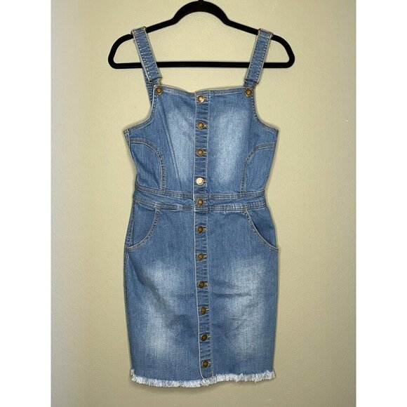 Wax Jean Junior Medium Denim Overall Dress Raw Hem Button Down Pockets NWT - Picture 1 of 12